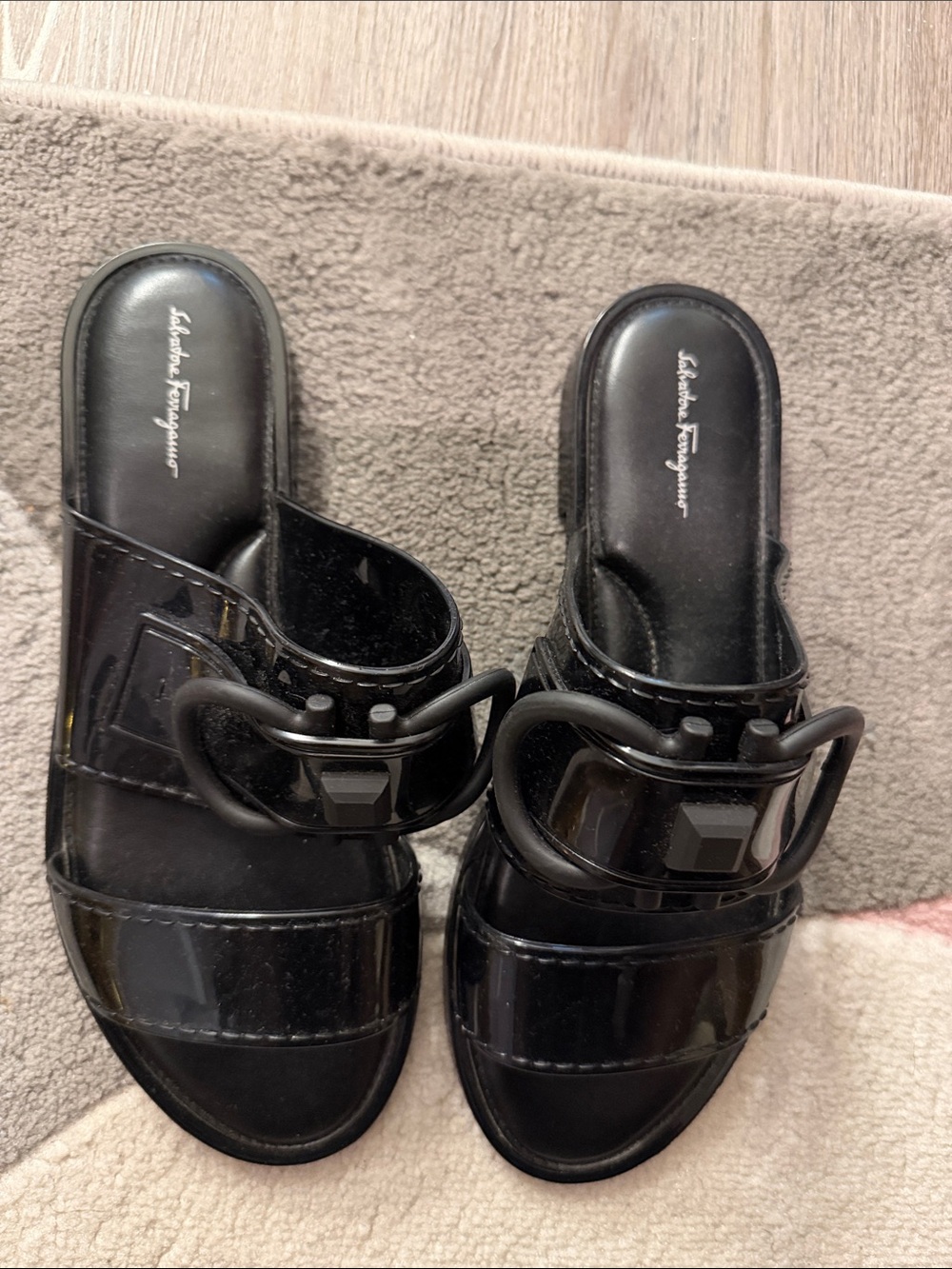 Salvatore Ferragamo Black Patent Leather Slide Mules with Signature Buckle